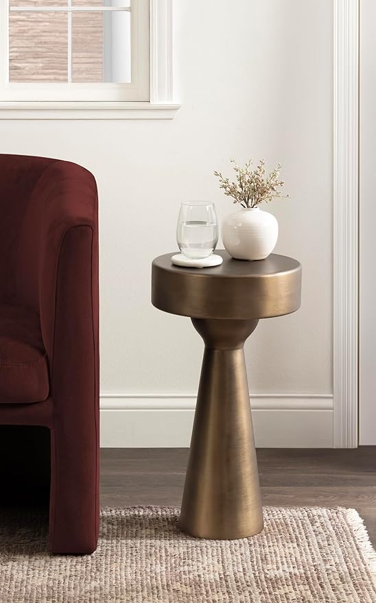 Kate and Laurel Solbrett Modern Sophisticated Metal Side Table, 12 x 12 x 22, Antique Brass, Contemporary Pedestal End Table with Unique Sculptural Design for Use as Bedroom Nightstand