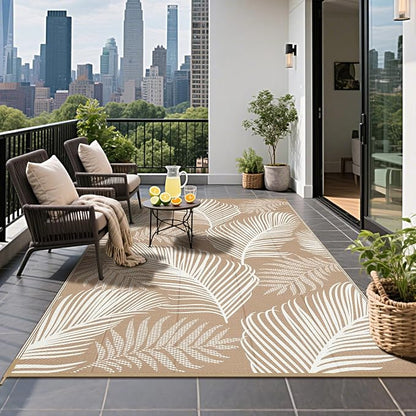Pauwer Waterproof Outdoor Rug 6x9, Reversible Plastic Straw Patio Camping Rug, Indoor Outdoor RV Mat Carpet for Deck, Camper, Porch, Balcony, Backyard, Picnic, Leaf Brown