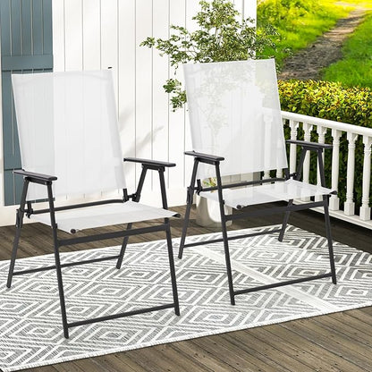 Giantex Patio Folding Chairs Set of 4, Outdoor Lawn Chairs with Rustproof Metal Frame, Portable Dining Chairs for Porch, Deck, Garden, Backyard, Camping, White