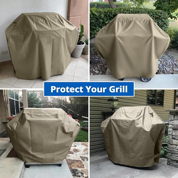 SunPatio Gas Grill Cover 60 Inch, Heavy Duty Waterproof Outdoor Barbecue Cover with Sealed Seam, FadeStop Material, All Weather Resistant Compatible for Weber CharBroil Nexgrill Grills and More, Taupe