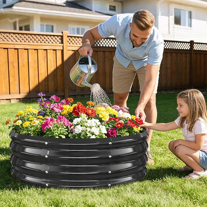 12 Inch Tall Heavy-Duty Round Steel Rised Garden Bed – Wave-Shaped Design Galvanized Metal Planter Box for Vegetables Flowers Succulent at Patio/Garden Outdoor (Black, 36" Diameter)