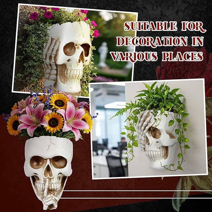 3 Pcs Skull Planter Skeleton Wall Hanging Planter Pot Gothic Spooky Head Face Flower Pot Garden Decor for Festival Party Indoor Outdoor Plants Home Garden Office Decorations(White)