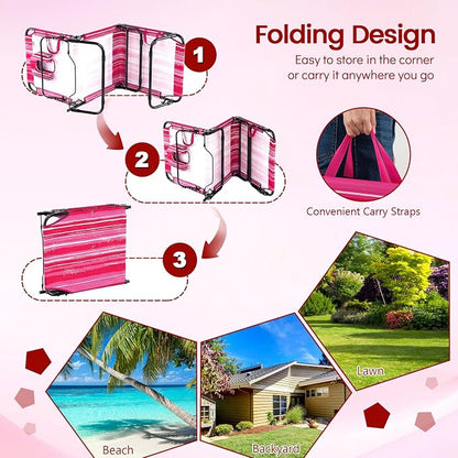 Giantex Tanning Chair, 350lbs Adjustable Patio Lounge Chair w/Face Hole, Removable Pillows, Carry Strap, Folding, Outdoor Chaise Lounge for Layout Beach Poolside Lawn (1, Stripe Pink)