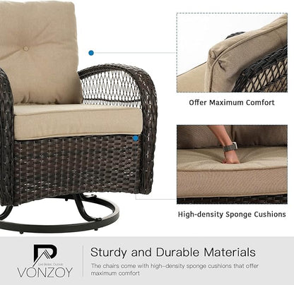 3 Pieces Patio Furniture Set, Outdoor Swivel Glider Rocker, Wicker Patio Bistro Set with Rocking Chair, Thickened Cushions and Table for Porch (Khaki)
