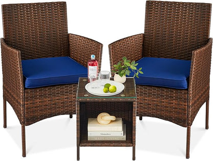 Best Choice Products 3-Piece Outdoor Wicker Conversation Bistro Set, Space Saving Patio Furniture for Garden w/Side Table - Brown/Navy