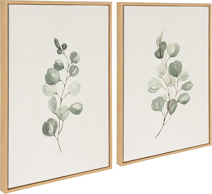 Kate and Laurel Sylvie Eucalyptus 4a & Eucalyptus 4b Framed Canvas Wall Art Set By Maja Mitrovic of Makes My Day Happy, 2 Piece 23x33 Natural, Simple Neutral Botanical Art Wall Décor