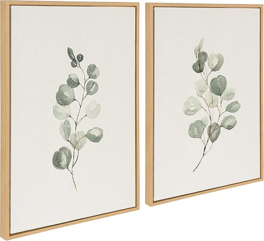 Kate and Laurel Sylvie Eucalyptus 4a & Eucalyptus 4b Framed Canvas Wall Art Set By Maja Mitrovic of Makes My Day Happy, 2 Piece 23x33 Natural, Simple Neutral Botanical Art Wall Décor