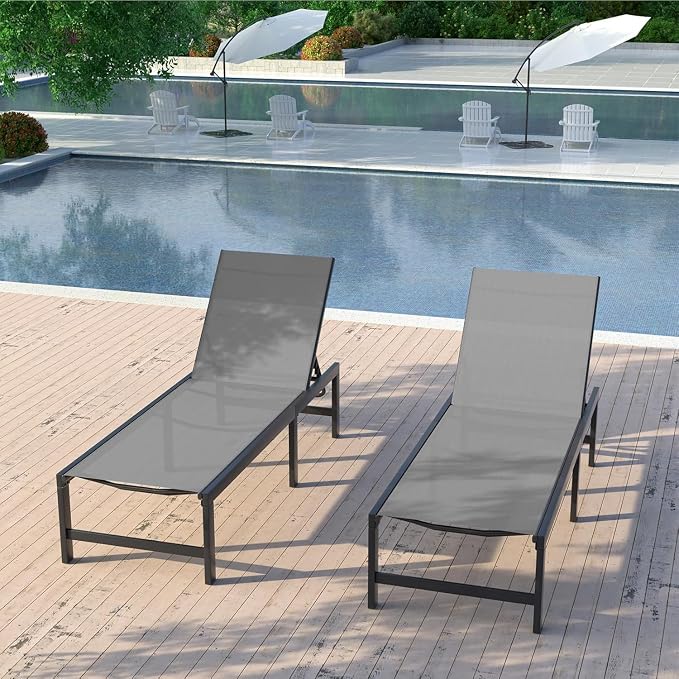 UDPATIO 3 Pieces Pool Lounge Chair Outdoor Chaise Chairs w/Table Adjustable 5-Position Recliner Poolside Sunloungers Lay Flat Sunbathing Chaise with Backrest for Patio,Beach,Yard
