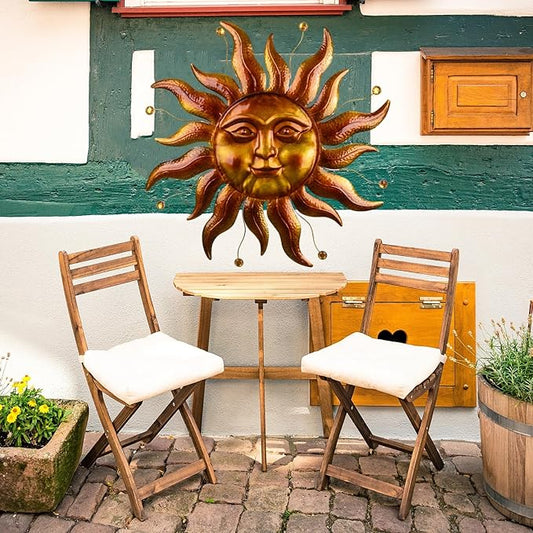 Metal Sun Wall Art Decor Outdoor 26'', Large Gold Sun Wall Decor Garden Metal Art Outside Hanging for Living Room, Bedroom, Fence, Yard, Porch, Balcony and Patio Decorations