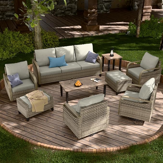 COOS BAY Modern Wicker Outdoor Furniture Set, Patio Conversation Set with 4 Swivel Rockers, 3 Seat Couch, Ottomans, Coffee Table and Side Table, 9 Piece, Brown/Gray