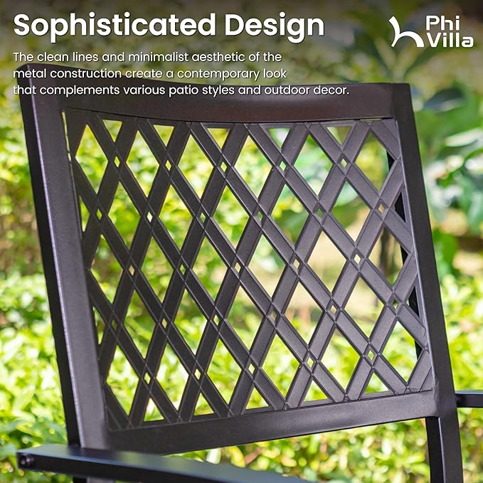 PHI VILLA 3 Piece Outdoor Bistro Set for 2, 22" Metal Square Table with Umbrella Hole & Stacking Wrought Iron Chairs, Small Furniture Conversation Set for Porch, Deck, Balcony, Patio, Yard - Black