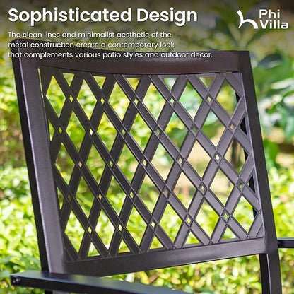 PHI VILLA 3 Piece Outdoor Bistro Set for 2, 22" Metal Square Table with Umbrella Hole & Stacking Wrought Iron Chairs, Small Furniture Conversation Set for Porch, Deck, Balcony, Patio, Yard - Black