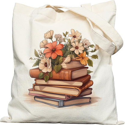 Canvas Tote Bag with Aesthetic Prints, Cute Tote Bag for Women Girls with Wide Strap, Gifts for Cat Book Lovers