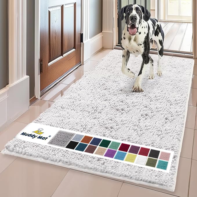Muddy Mat® | Super Water Absorbent Door Mat Indoor, Microfiber Quick Dry Chenille Entryway Rug, Slip Resistant Front Door Mat, Indoor Mats for Entryway, Machine Washable Pet Rug, White 36"x60"