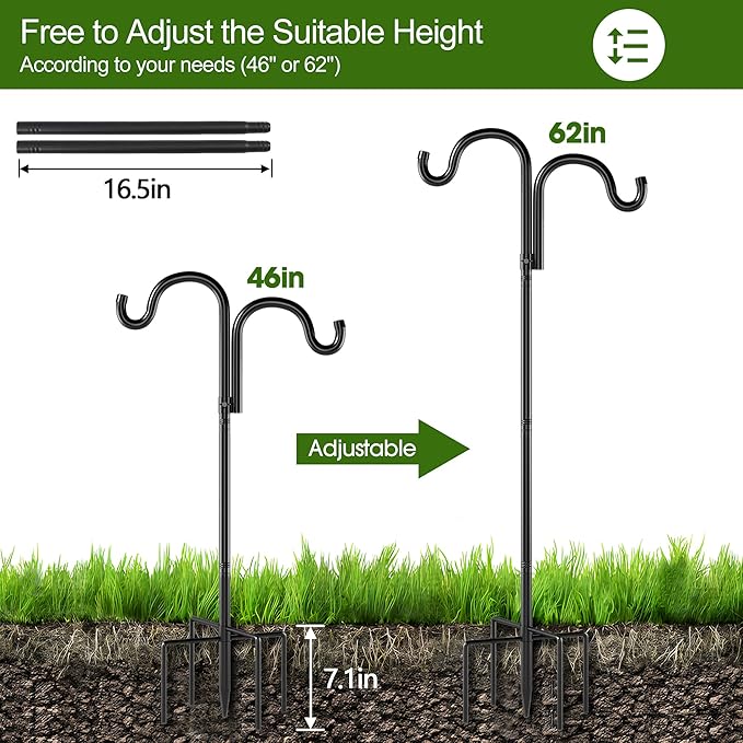 Double Shepherds Hooks for Outdoor, 60" Heavy Duty Bird Feeder Pole with 5 Prong Base, Adjustable Shepherds Hook for Bird feeders Outside, Garden, Weddings, Hanging Plants, 1 Pack, Black