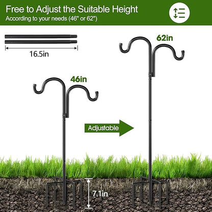 Double Shepherds Hooks for Outdoor, 60" Heavy Duty Bird Feeder Pole with 5 Prong Base, Adjustable Shepherds Hook for Bird feeders Outside, Garden, Weddings, Hanging Plants, 1 Pack, Black