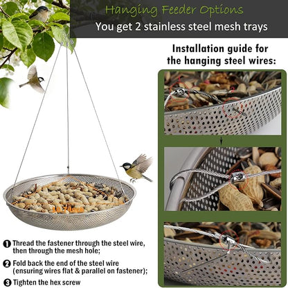 13-Inch Ground Feeding Platform for Birds, Squirrels, Ducks, Chicken, Stainless Steel Bird Feeders Combination with Additional Hanging Mesh Tray, Attracting Small Creatures for Backyard, Patio