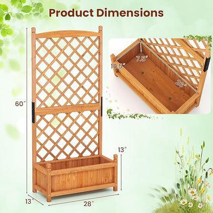 Giantex Raised Garden Bed with Trellis, 60" Wooden Planter Container with Drainage Holes, High Trellis for Plant Flower Climbing Pot Hanging, Indoor & Outdoor Planter Box for Yard Garden Balcony