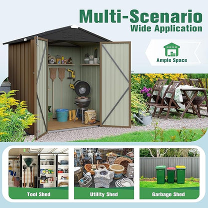 Flamaker 6x4 FT Storage Shed Waterproof Metal Garden Shed with Lockable Door Utility Tool Shed Outdoor Storage for Backyard, Patio and Lawn, Brown