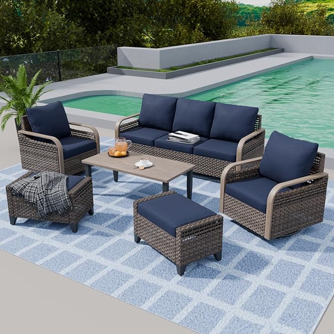 COOS BAY Modern Wicker Outdoor Furniture Set, Patio Conversation Set with Swivel Rockers, 3 Seat Couch, Ottomans, and Coffee Table, 6 Piece, Brown/Blue