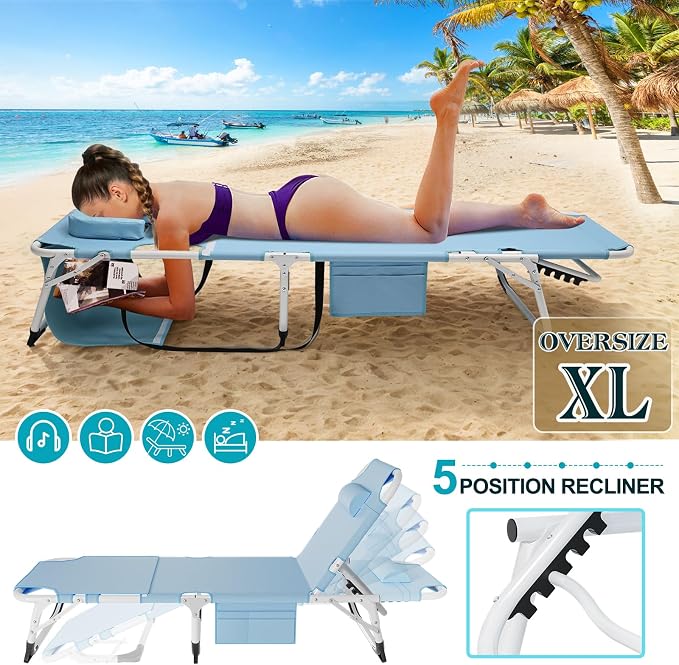 ABORON 3-in-1 Tanning Chair, 5-Position with Face and Arm Holes | 5-position reclining chair includes a removable mat, pillow, face hole and arm slots; folds flat for beach or patio use.