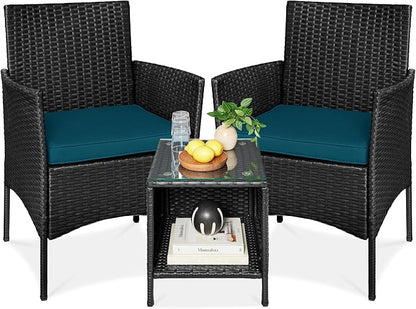 Best Choice Products 3-Piece Outdoor Wicker Conversation Bistro Set, Space Saving Patio Furniture for Garden w/Side Table - Black/Peacock