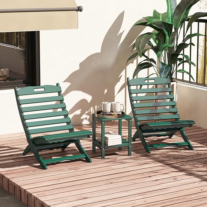 GREENVINES 3 Pieces Patio Furniture Set | Outdoor Bistro Sets for 2 | HDPE Plastic | Folding-Adirondack-Chairs-with-Side-Table | All Weather | Xavier Chair | for Porch Deck Poolside Backyard | Forest
