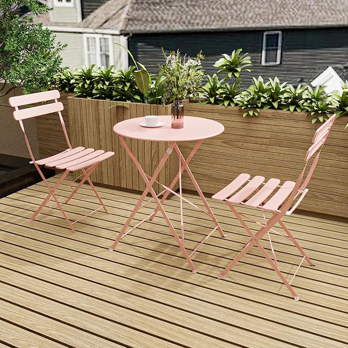 3-Piece Patio Bistro Set Outdoor Furniture Set Folding Bistro Table and Chairs with Premium Steel Frame Weather Resistant Conversation Set for Bistro Balcony Porch Yard Garden(pink with cushion)