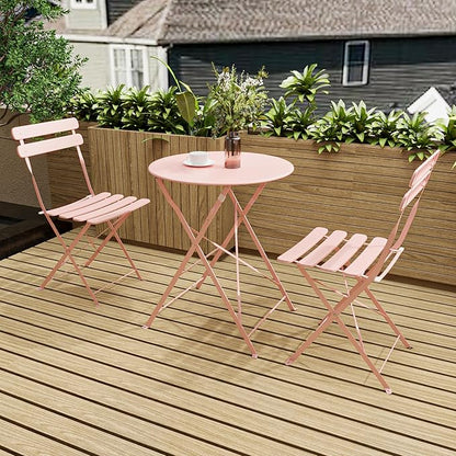 3-Piece Patio Bistro Set Outdoor Furniture Set Folding Bistro Table and Chairs with Premium Steel Frame Weather Resistant Conversation Set for Bistro Balcony Porch Yard Garden(pink with cushion)