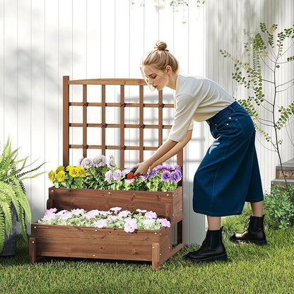 Byroce Outdoor Raised Garden Bed, Garden Planter Box with Lattice Trellis, Legs & Drainage Hole, 2-Tier Standing Elevated Planter for Flower, Fruit, Vegetable & Climbing Plants in Patio, Balcony (1)