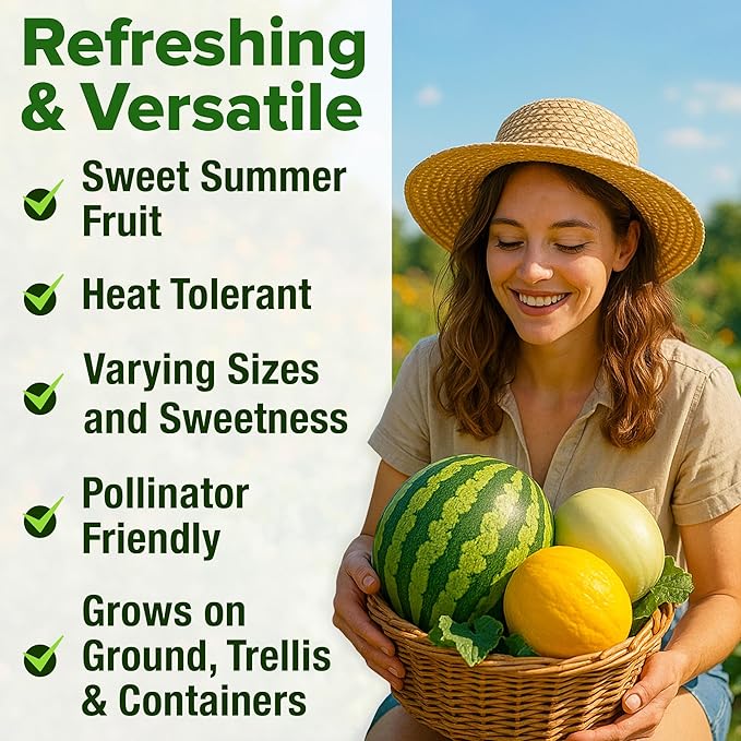 HOME GROWN Melon Seeds Variety Pack 5 Heirloom Vegetable Seeds, Watermelon Cantaloupe Honeydew Sugar Baby & Melon, High Germination for Planting Home Garden Indoors