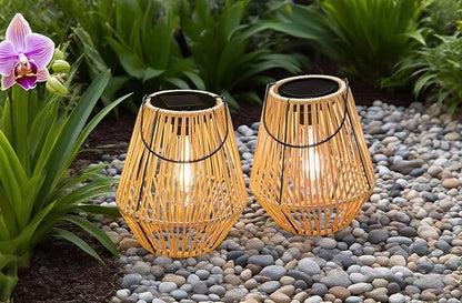 YAKii 2 Pack Solar Lantern Hanging Waterproof Outdoor Handmade Solar Lamp with Plastic Rattan Design Bohemian Style Decoration for Garden Yard Patio Porch Trees Lawn Pathway Decor