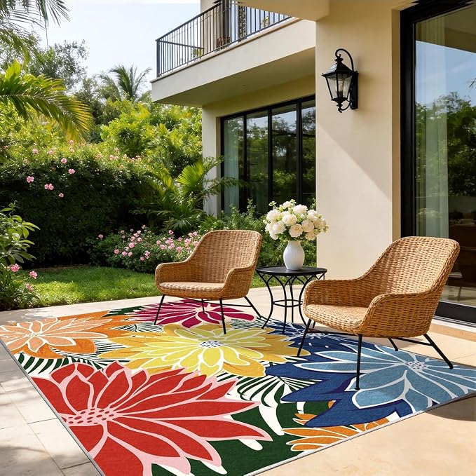 ZonLi Colorful Outdoor Rug 9x12Ft Waterproof Multicolored Indoor Area Rug Washable Outdoor Patio Rugs Tropical Floral Non Slip Outdoor Carpet for Living Room, Pool,Backyard,Deck,Camping