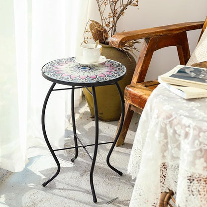 VCUTEKA Outdoor Side Table Mosaic End Table Patio Side Table Small End Tables Glass Top Round Balcony Coffee Porch Indoor Glass Top Flower 14''