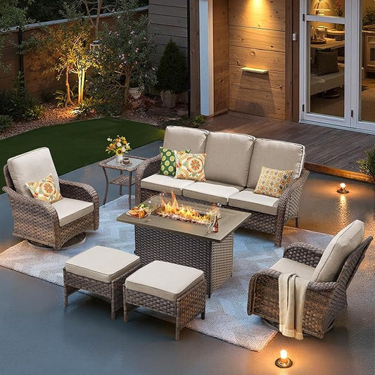7 Pieces Patio Furniture Set with 42.5" Fire Pit Table-All Weather Wicker Outdoor Furniture with High Back Swivel Patio Chairs Set of 2 Outdoor Couch for Deck Balcony Backyard Brown/Beige