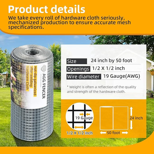 24inch x 50ft Hardware Cloth 1/2 inch Chicken Wire Fencing 19Ga, Hot Dipped Galvanized After Welding Garden Plant Supports Welded Metal Chicken Wire Fence, Poultry Animal Netting Cage Screen