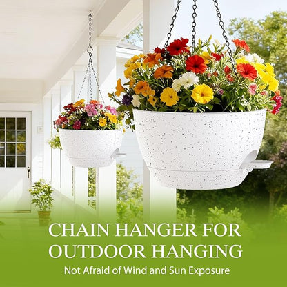 10 Inch Hanging Baskets 2 PC with Chains, Self-Watering Hanging Planters for Indoor Outdoor Plants, Plastic Hanging Flower Pots,Speckled White