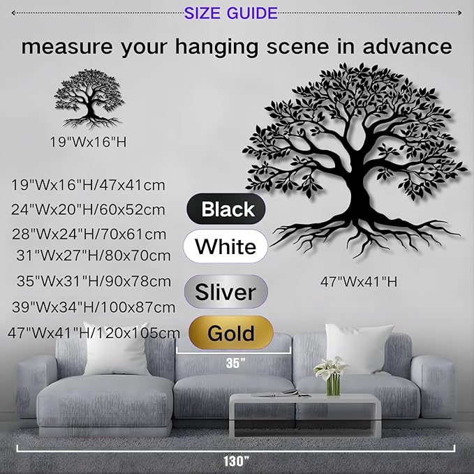 VTHTA Large Tree of Life Metal Wall Art,Tree Wall Sign for Living Room Bedroom Indoor Outdoor Garden Home Decoration (Sliver, 28" Wx24 H/70x61cm, Metal Wall Art)