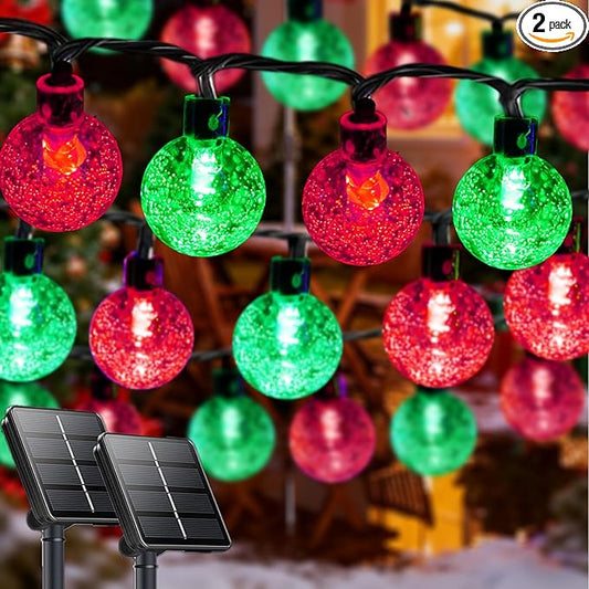2-Pack 100 LED Red and Green Solar Christmas Lights Outdoor - 64FT Crystal Globe Waterproof Solar String Lights with 8 Lighting Modes for Christmas Decorations, Garden, Patio, Party, Porch