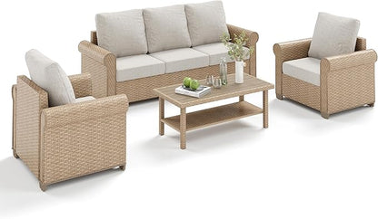 Patio Furniture Set 4 pcs, Wicker Outdoor Patio Furniture, 3-Seat Sofa, 2 Single Chairs and Coffee Table, Rattan Patio Conversation Set for Backyard Deck, Beige