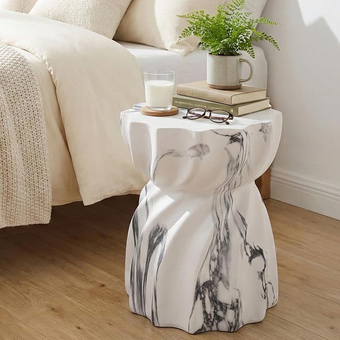 Christopher Knight Home 19.29 Inch Modern Outdoor Faux Concrete Side Table, Patio End Table with Fluted Hourglass Design, Accent Table for Garden Balcony Poolside