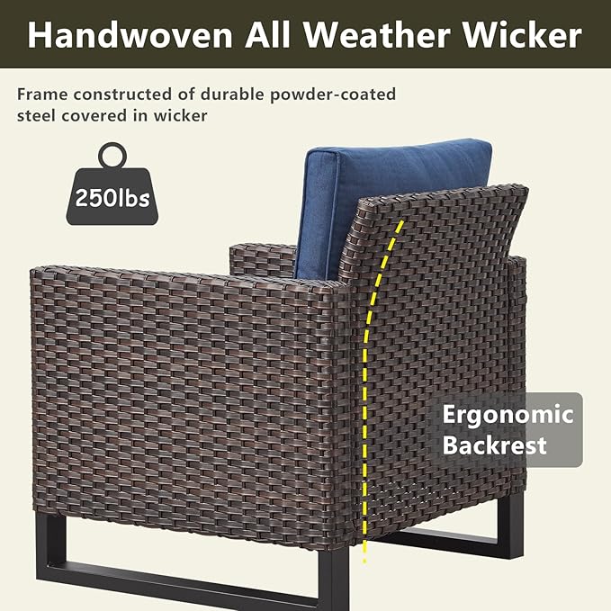 Rilyson Wicker Outdoor Patio Furniture Set - 5 Piece Patio Conversation Set with 2 Wicker Armrest Chairs,2 Rattan Ottoman and 1 Couch for Outside Porch Deck Backyard Garden(Brown/Blue)