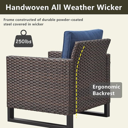 Rilyson Wicker Outdoor Patio Furniture Set - 5 Piece Patio Conversation Set with 2 Wicker Armrest Chairs,2 Rattan Ottoman and 1 Couch for Outside Porch Deck Backyard Garden(Brown/Blue)
