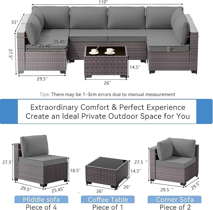 7 Pieces Outdoor Patio Furniture Set with Coffee Table, PE Wicker Rattan Outdoor Sectional Patio Set with Thick Cushion, Outdoor Patio Conversation Set for Backyard, Garden, Deck, Grey