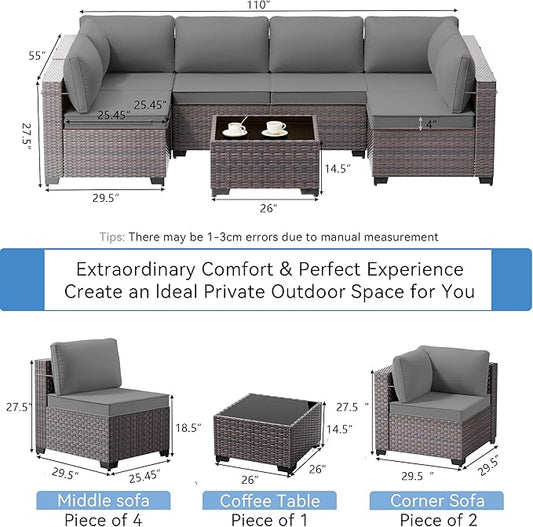 7 Pieces Outdoor Patio Furniture Set with Coffee Table, PE Wicker Rattan Outdoor Sectional Patio Set with Thick Cushion, Outdoor Patio Conversation Set for Backyard, Garden, Deck, Grey