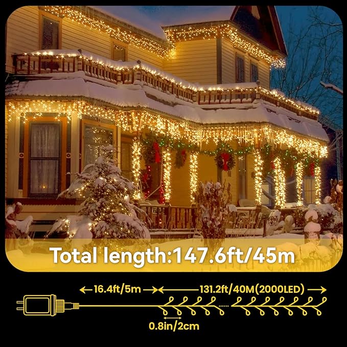 Cluster Lights Christmas 2000 LED Fairy Lights with Remote 147Ft Christmas Tree Lights Waterproof Fairy Lights Outdoor Firecracker Twinkle Lights Plug in Timer String Lights for Garden Wedding Party