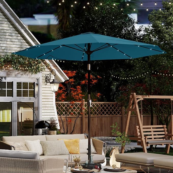 10FT Solar Umbrella 32 LED Lighted Patio Umbrella Table Market Umbrella w/Tilt and Crank, UV-Resistant Outdoor Umbrella for Pool, Garden, Deck, Lake Blue