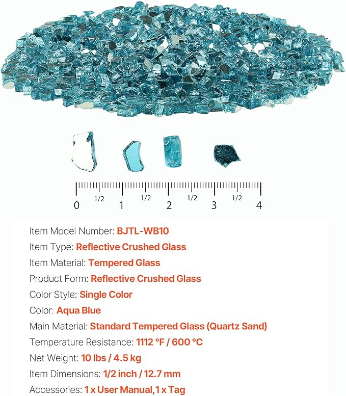 VEVOR Fire Glass, 10 LBS / 4.5 KG High-Temperature Resistant Fireplace Rocks, 1/2-Inch / 12.7 mm Reflective & Smokeless Firepit Glass Rock, High Luster Stone Landscaping for Fire Pit Table, Aqua Blue