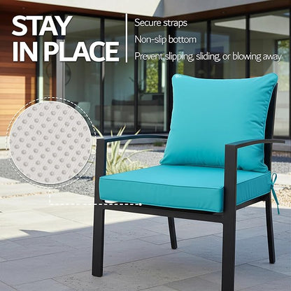 22x22 Inch Patio Chair Cushions Set of 2, Outdoor Furniture Cushions - Removable Cover, Water-Repellent, Fade-Resistant, Non-Slip Bottom & Straps, Replacement for Lawn, Porch & Deck Chair - Teal