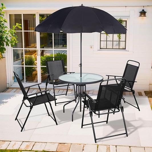Shintenchi 6 Piece Patio Dining Set with Umbrella, Outdoor Furniture Set with 4 Folding Chairs and Tempered Glass Top Dining Table fot Lawn Backyard Garden Porch Black